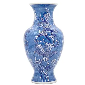 Chevaux White & Blue Floral Crane Chinoiserie Ceramic Vase 14" - Hand Painted Antique Style Porcelain Chinese Vase for Home Decor Centerpiece