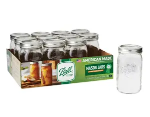 12 Count Glass Mason Jars with Lids and Bands - 32oz. Mouth Quart - Tin, Drinkware Containers Kitchen