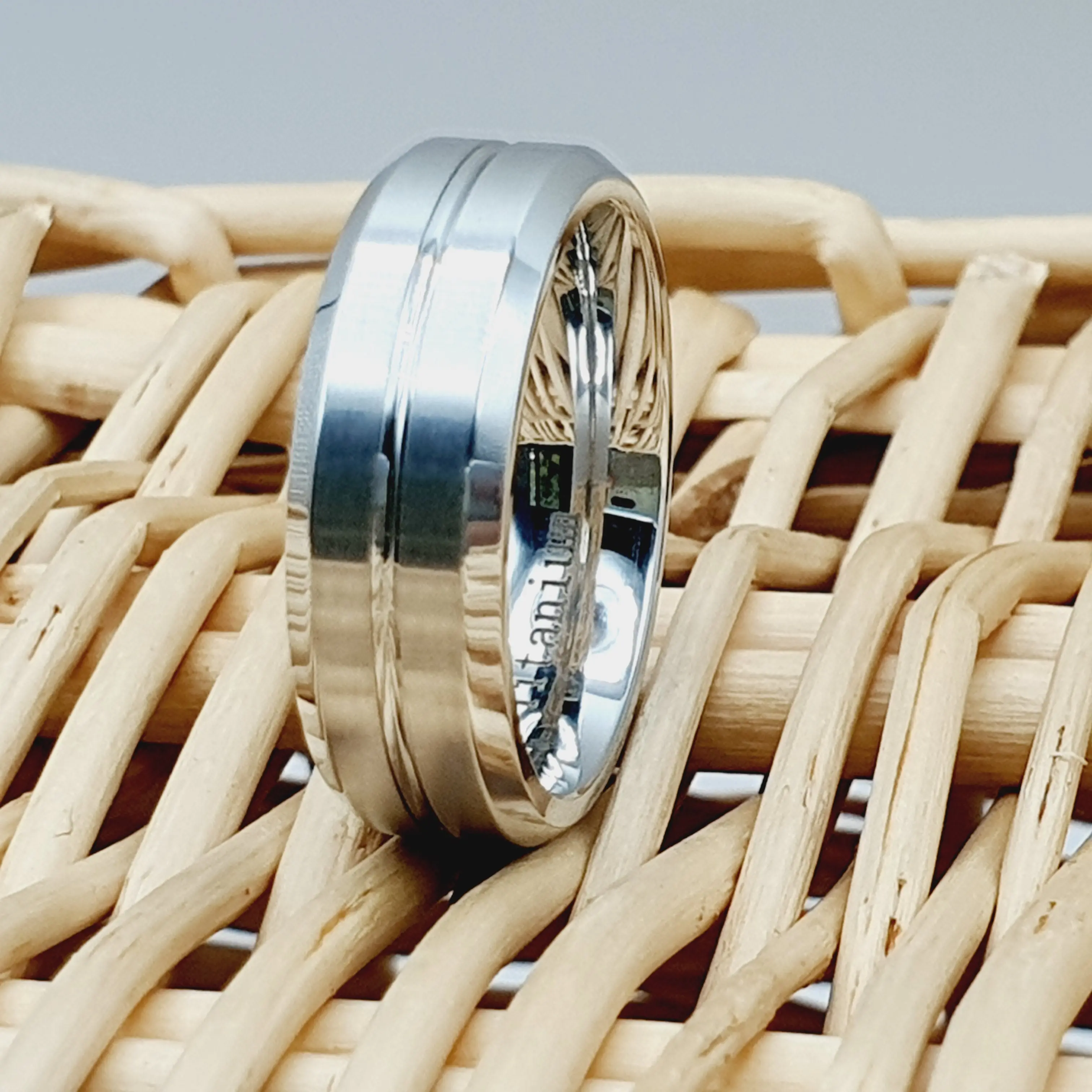 Men's White Titanium Wedding Ring with Domed Brushed Center Step Edge - 7mm Titanium Band