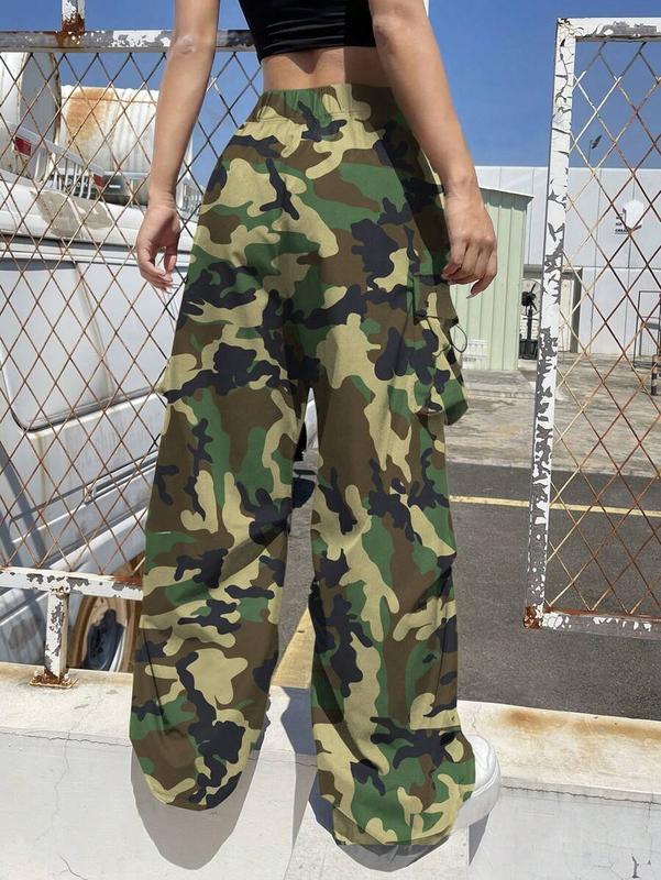 1pc Teen Girl Loose Camouflage Print Flap Pocket Side Drawstring Outdoor Cargo Pants, Suitable For Spring, Summer, Autumn, Winter