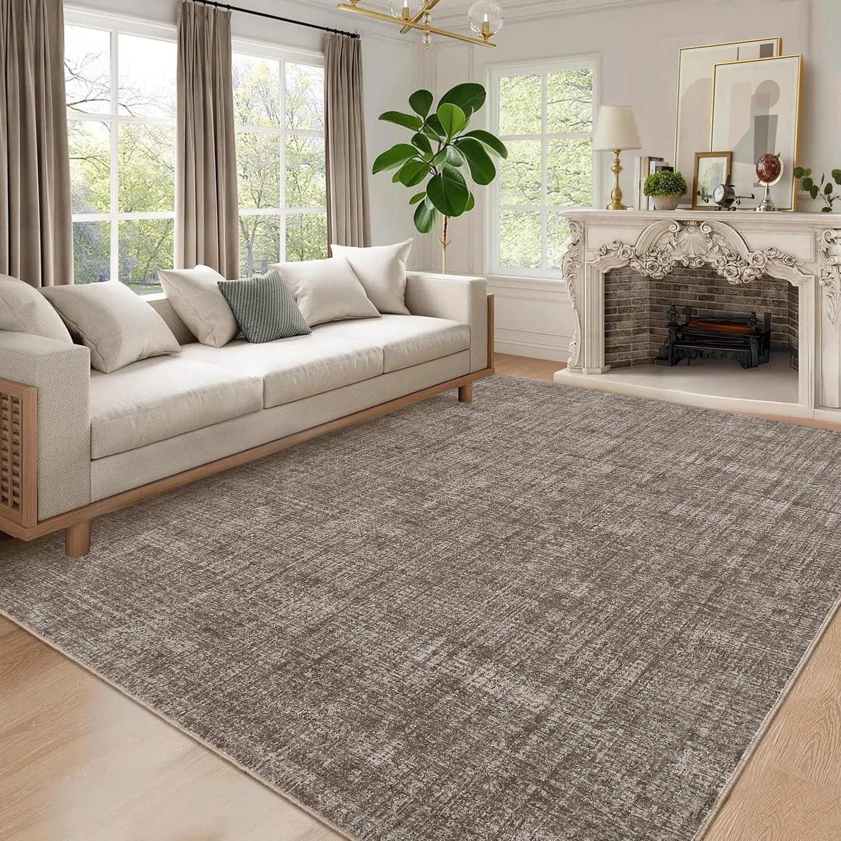 Garvee 9x12 Area Rug for Living Room and Bedroom - Solid Minimalistic Brown Rug, Distressed Design, Stain Resistant, Ideal for Dining Room, Classroom, and Indoor Use