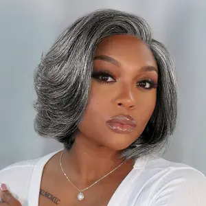 [New In] Bling Hair Salt and Pepper Grey Wigs Highlight Bob Wigs Wavy Layered Bob Wig with Curtain Bangs for Women Highlight Sliver Ombre Grey Bob Wig Pixie Cut Wig Gray Hair Wigs for Women Black Mixed Gray Wavy Wig
