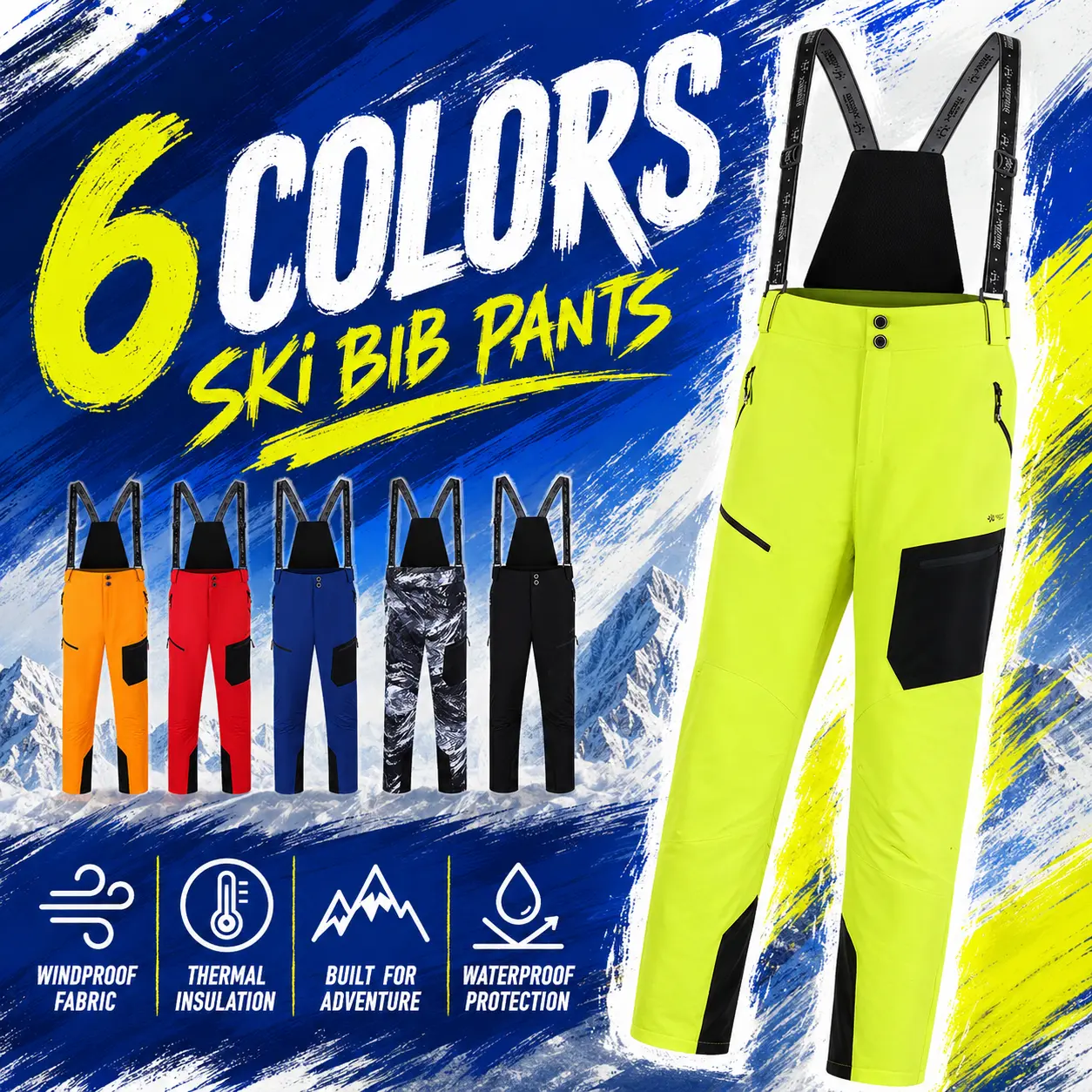 Men’s autumn/winter patchwork print webbing ski pants; thickened, warm outdoor ski pants; cold-weather mountaineering one-piece webbing cargo pants; windproof, waterproof design; multifunctional webbing pants.