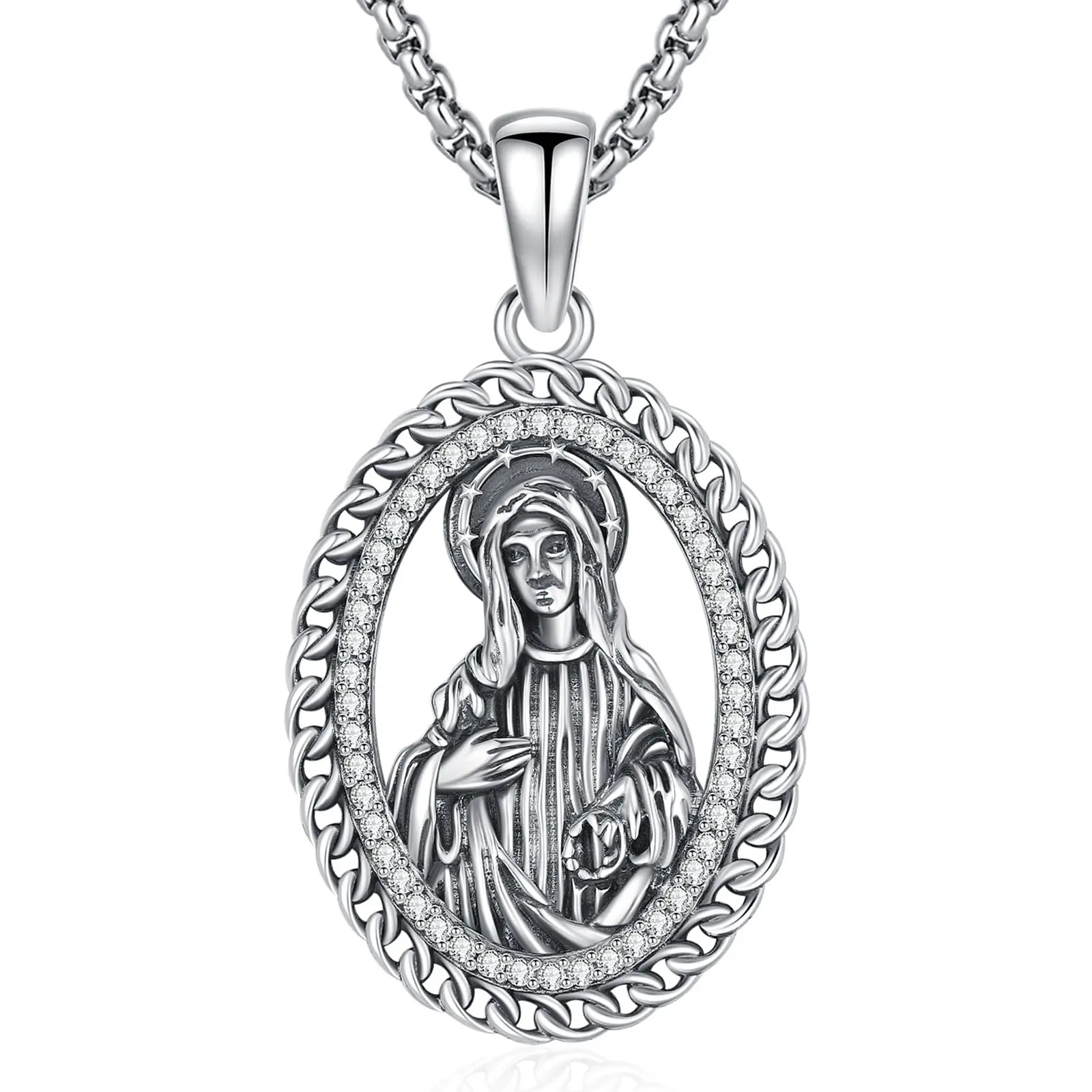 DRINSPER S925 Sterling Silver Graceful Virgen De Guadalupe Virgin Mary Miraculous Medal Pendant Necklace for Women, Hypoallergenic Protective Amulet Jewelry, Long-Term Wear Pendants Necklace Chains with 22"+2" Box-Twisted Rope Chain, Casual, Box Chain