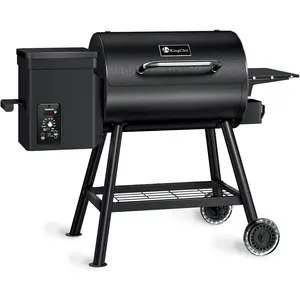KingChii Electric Wood Pellet Grill & Smoker with Side Shelf, 456 SQ.IN Grill Capacity, with PID Temperature Control (180-425°F) for Backyard Camping Bake and Roast, Black with Cover