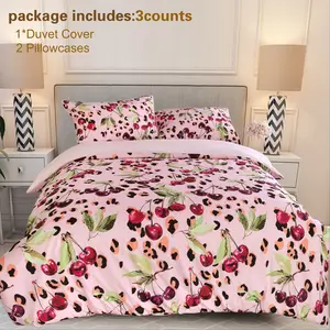 cherry&leopard pattern, 3 Counts/set Including 1 Duvet Cover & 2 Pillowcases, Soft Comfortable Bedding Set for Home Bedroom