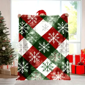 1Pc Red & Green Argyle Plaid Snowflake Christmas Blanket - Soft Flannel-Like 30S Yarn (Golden) All-Season Cozy Throw For Bed, Couch, Travel & Holiday Gifts - White/Green/Red/Golden Tartan Pattern Bedspread, Christmas Throw Blanket, Christmas Blanket Throw