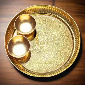 Puja Thali with 2 Prasad Bowls 8 Inch Brass Durable Tableware for Religious Ceremonies Perfect Gift Set for Housewarming and Festivals