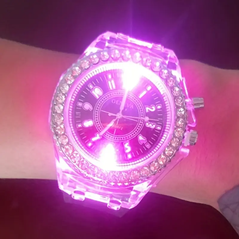 [Rhinestone Watch] Luminous Rhinestone Full Edge Dial Watch | Fashion Silicone Quartz Casual Watch For Boys And Girls | Ideal Choice For School Supplies, Gifts, Wristwatch, Stylish Watch Rhinestone Decorated Watch