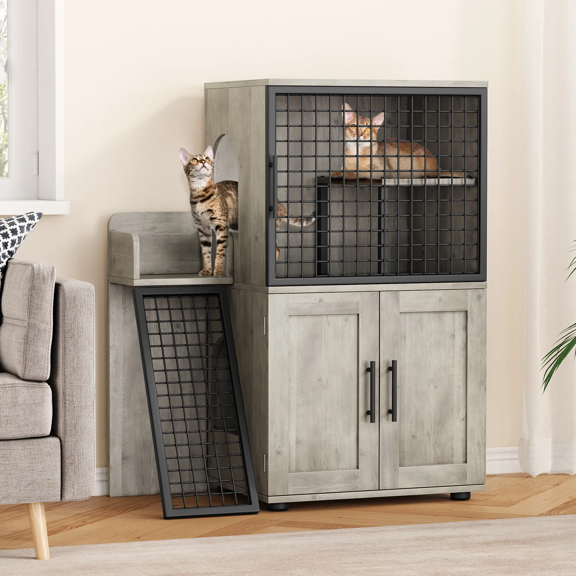 Modern Cat Litter Box Enclosure with Platform and Ladder – Hidden Double-Layer Cat Washroom Cabinet, Stylish Design with Shelves, Odor-Free, Easy Assembly, Perfect for Indoor Cats