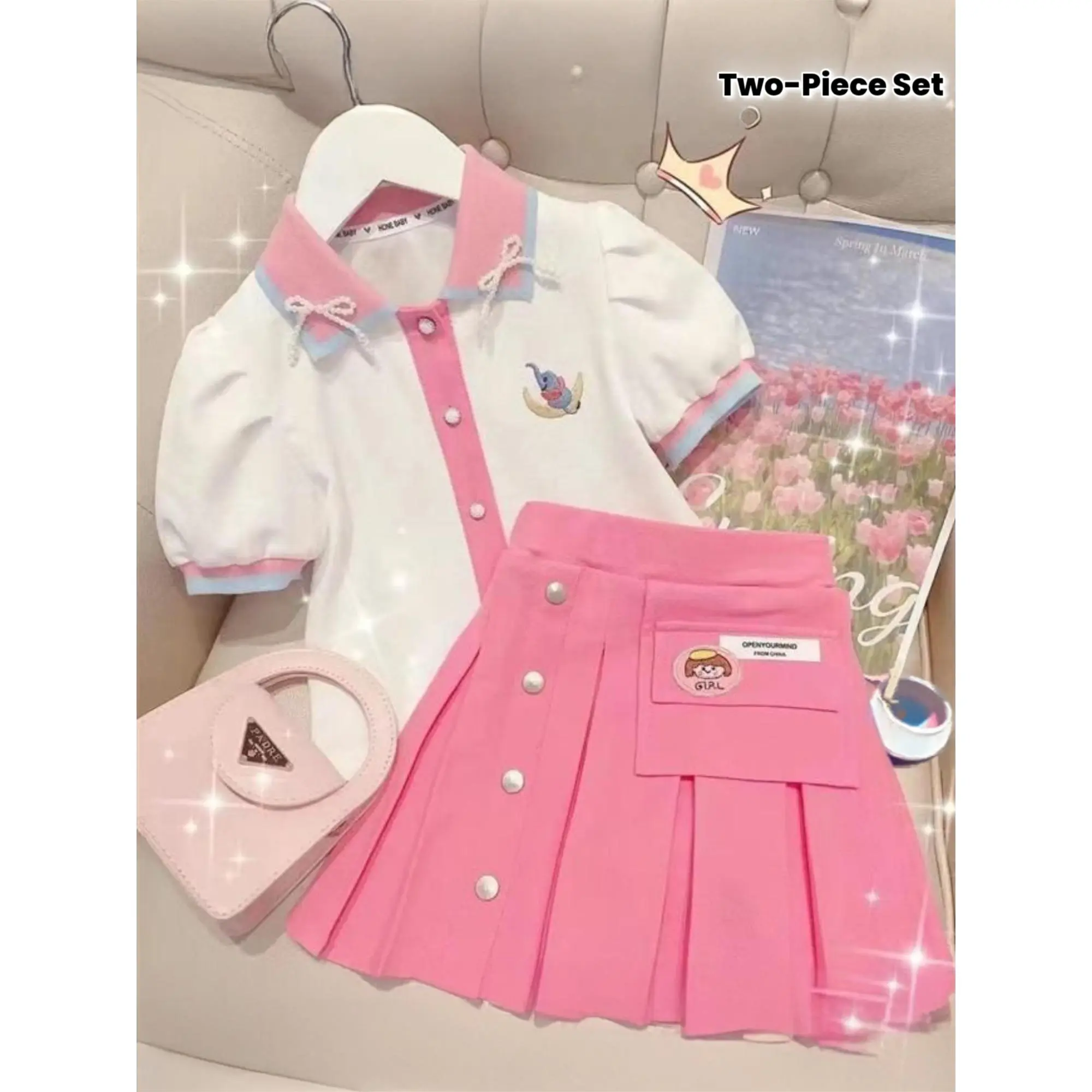 Girls' Preppy 2-Piece Summer Outfit - Doll Collar Short Sleeve Tops, Pleated Skirt for a Preppy Look, Two-Pieces