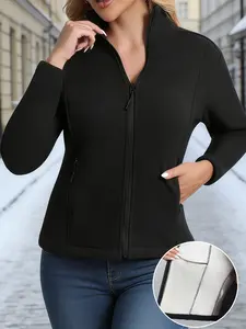 Women's Winter Fleece Lined Zipper Jacket, Fashion Casual Thick Coat, Warm Inner Liner, Long Sleeve with Pockets, Ideal for Fall & Winter