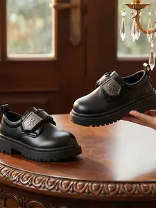 Thick Sole Leather Shoes with Metal Buckle Decorative Velcro Closure, British Style Unisex School Shoes for Kids
