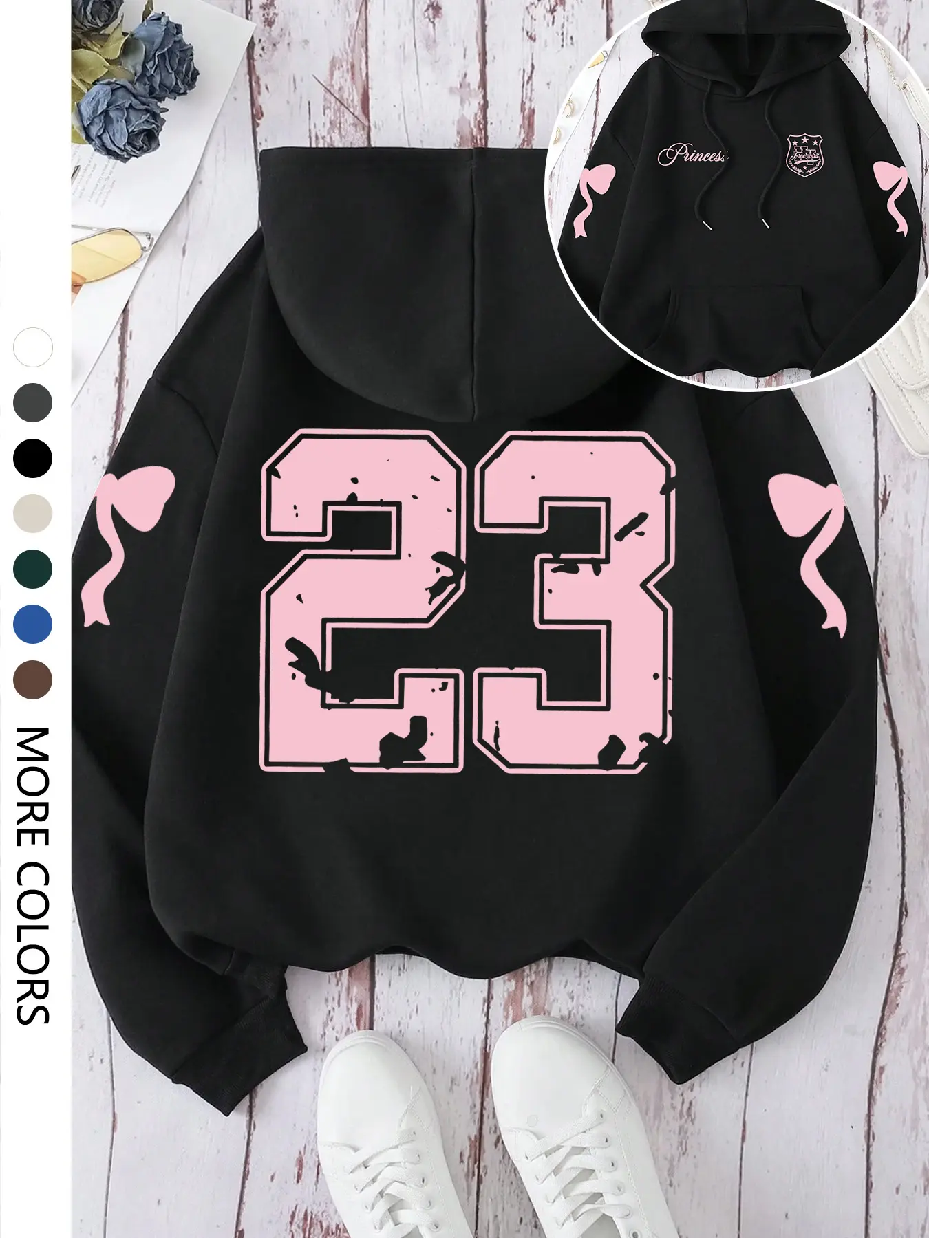 Women's Bow Tie Butterfly Printed Hooded Design Casual Cozy Sweatshirt, Graphic Hoodies, Loose-Fitting Thick Fabric Top for Fall & Winter, Soft Home Loungewear
