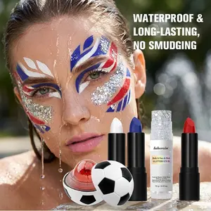 Multi-functional fan set with paint sticks, glitter sticks and lip balm. Bright colors for face and body painting. Also moisturizes lips, perfect for watching games and fan parties
