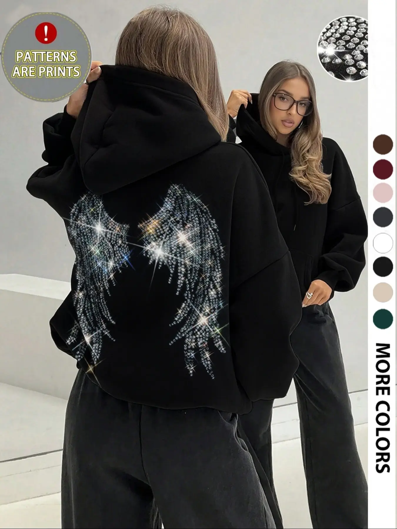Women's Hooded Sweatshirt with Wing Print, Casual Loose-Fit Pocket Top for Fall & Winter, Soft Graphic Pullover for Everyday Wear, Womenswear