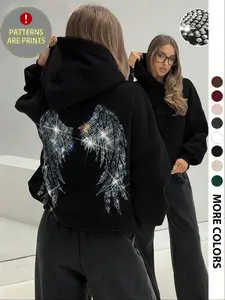 Women's Hooded Sweatshirt with Wing Print, Casual Loose-Fit Pocket Top for Fall & Winter, Soft Graphic Pullover for Daily Wear