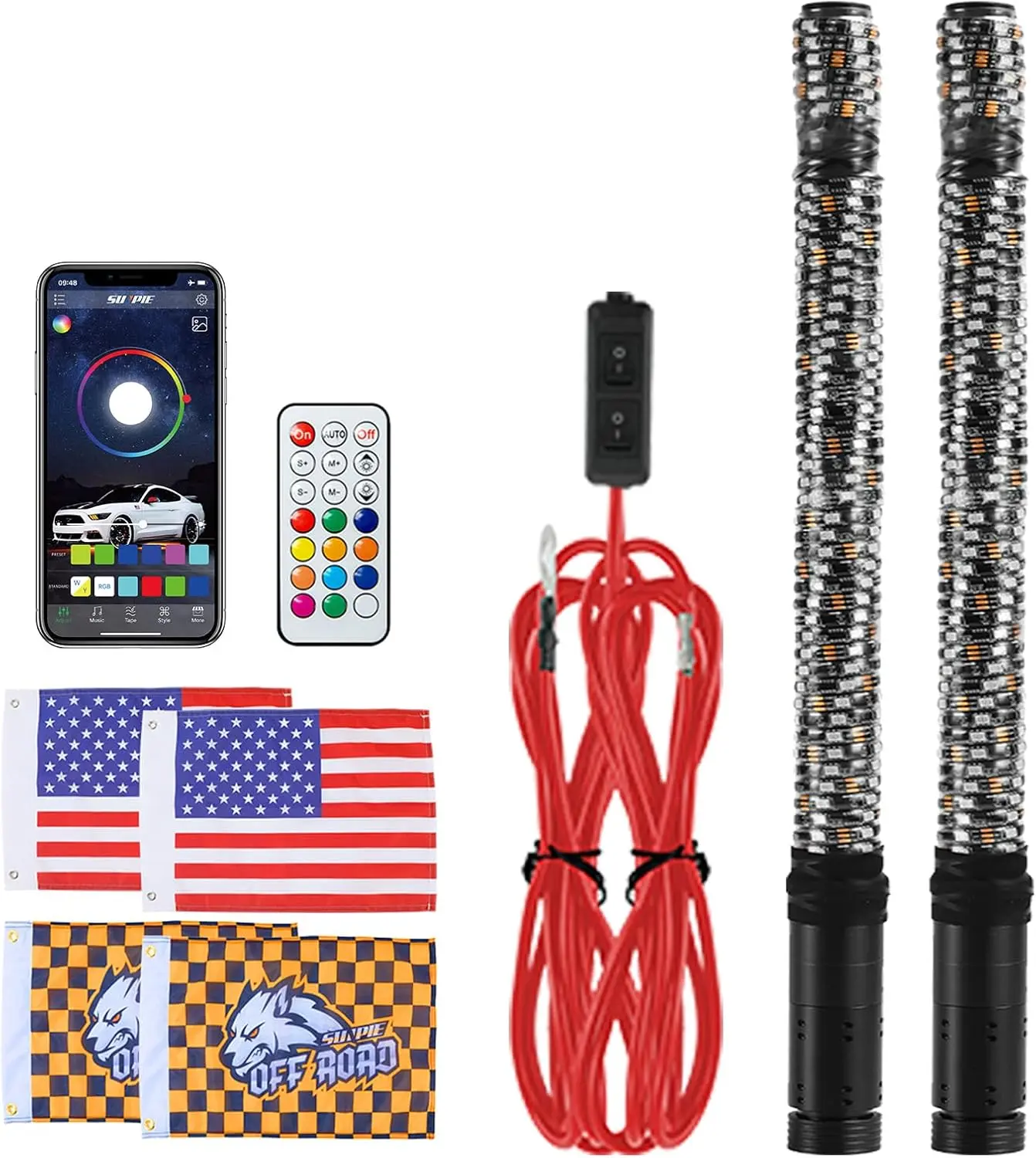 SUNPIE RGB Fat Whip Lights 3FT Universal Blare LED Strobe Lights for UTV w/Flash Light&429 LED Chips, Double Switch & Sequential Turn Signal Brake Function for SXS/RZR/Can am/Offroad/Wrangler/ATV