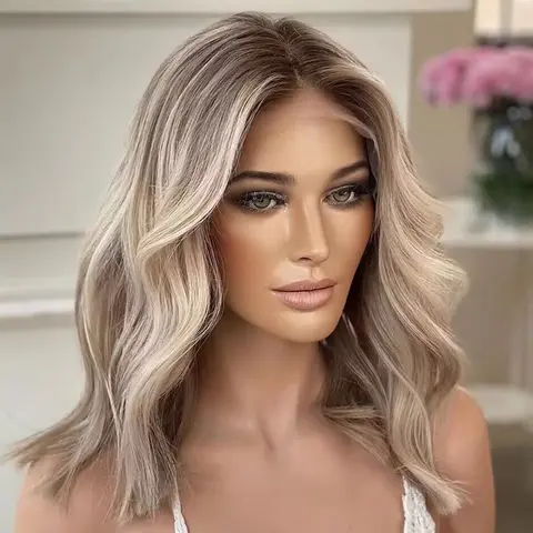 Jessie's Wig [Genius] Ash Blonde Highlight Wavy Bob 13x4 Lace Wig Human Hair for Stylish Look True-Hold 5.5x5.5 Lace Glueless Wig Pre Cut Lace  Wigs for Caucasian Women Affordable Human Hair Wigs Caucasian