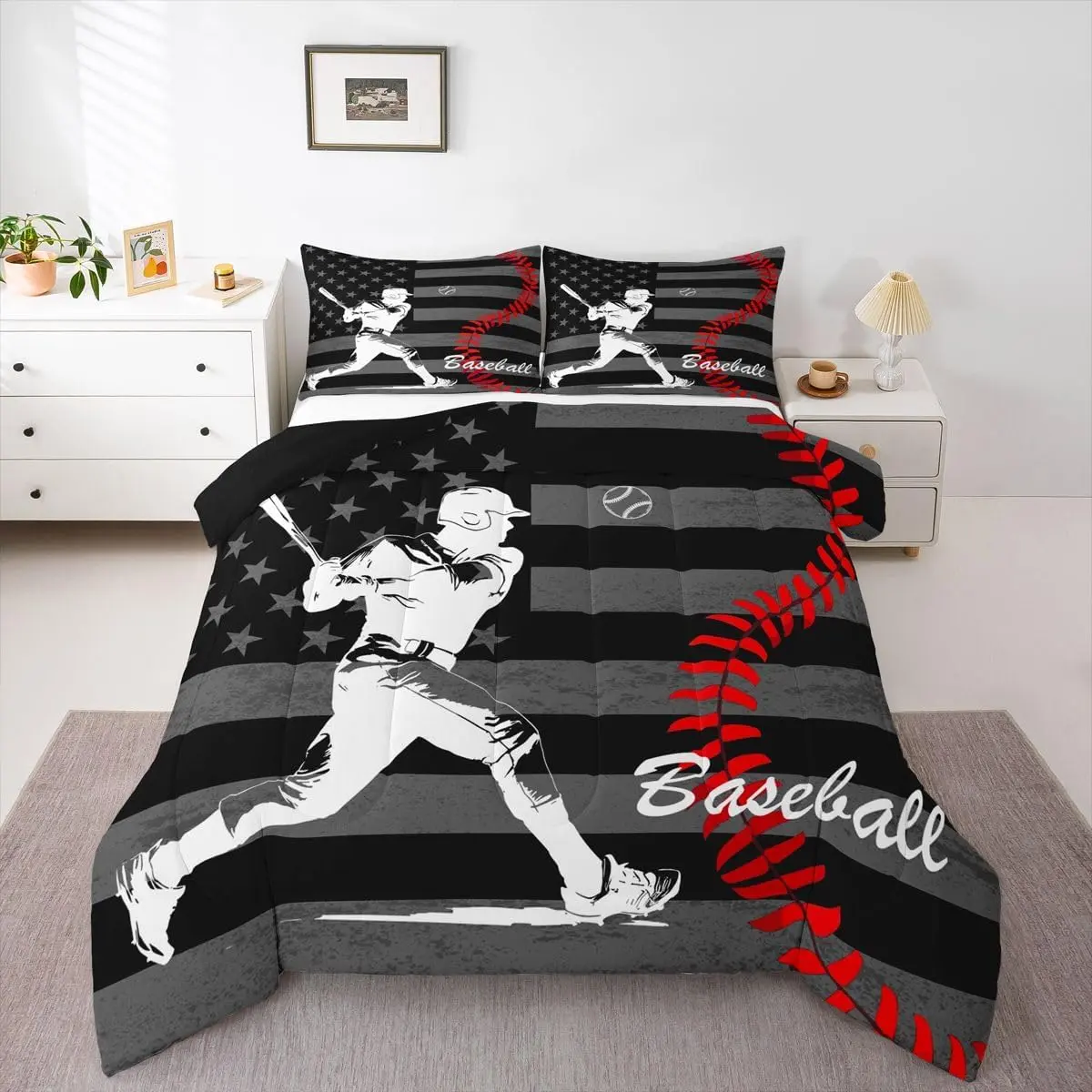 Baseball Player Comforter Set American Flag Bedding Set Gaming Sports Duvet Quilt Bedroom Decor Microfiber 1