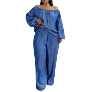 2026 New Denim Solid Color Plus Size Autumn Off-Shoulder Loose Top Wide-Leg Pants Two-Piece Ruffle Trim Oversized Ribbed Loungewear Women's Casual Loose Tracksuits Blue Causal Tracksuits Oversize Size Short Bear Print Sports Set