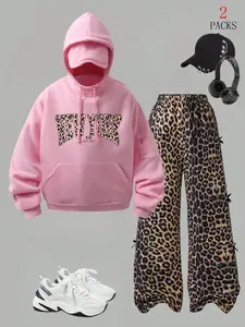 Women's Multifunctional Eye Mask Hoodie Set, Leopard Bow Casual Sport Pants, Comfortable Daily Wear, Travel Camping