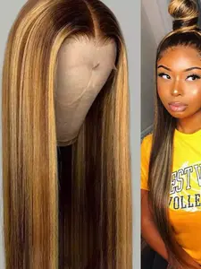 Women's Gold Piano Color Long Straight Hair Wig Set, Synthetic Hair Wigs, Celebrity Style Fake Hair Extensions, Natural Looking Full Headpiece