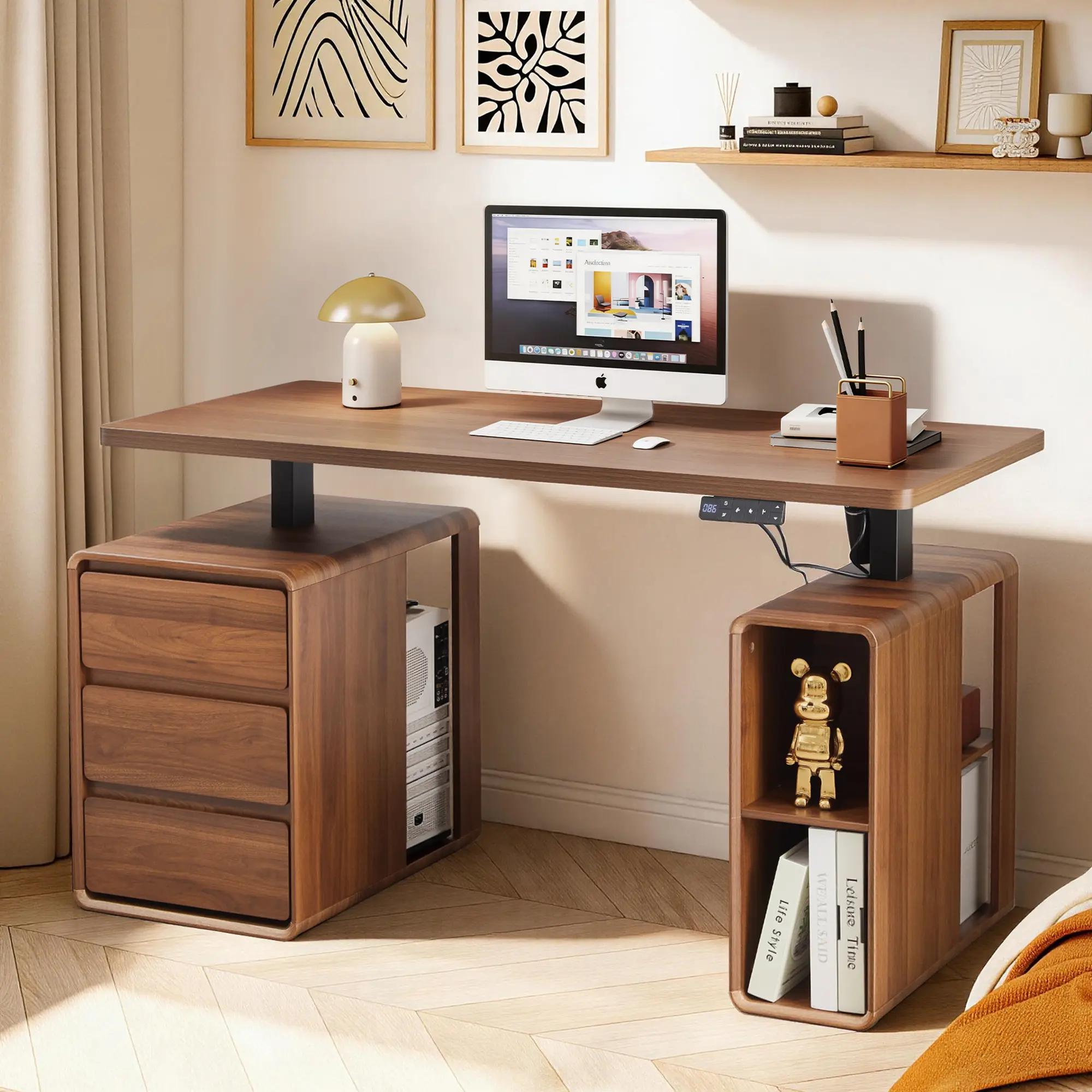 Giratree 55.1'' Electric Standing Desk with Drawers, Height Adjustable Office Desk with Storage Shelves, Wood Executive Desk for Home Office, Study and Work