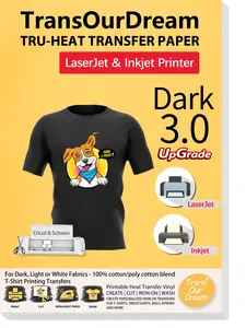 TransOurDream Tru-Heat Transfer Paper for Inkjet & Laserjet Printer (20 Sheets, 8.5x11", Dark 3.0) Printable HTV Heat Transfer Vinyl for T Shirts Iron on Transfers for Dark Fabrics