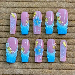 Ocean Blossom Press-On Nails, 3D Blue Floral Art, Jelly Water Drip French Tips, Gold Seashell Charm Detail, Pink Mermaid Gradient Nail Set, Handmade Summer Beachcore Nails