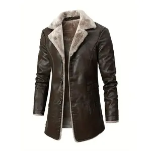 Men's casual warm PU leather jacket, chic fleece lined blazer biker jacket for autumn and winter business