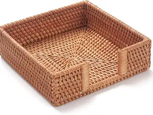 Rattan Napkin Holder Square 7.5” Woven Wicker Napkin Tray for Paper Napkins, Decorative Guest Towel Holder for Kitchen, Dining Table & Bathroom