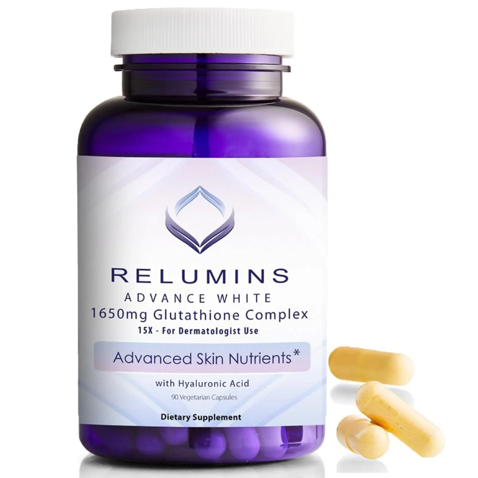 Relumins 1650mg L-Glutathione Complex with Hyaluronic, Alpha Lipoic, Rose HIPS, Vitamin E & Riboflavin – Antioxidant Support, Perfect for Achieving a New Year, New You Glow, Made in USA – 90 Capsules