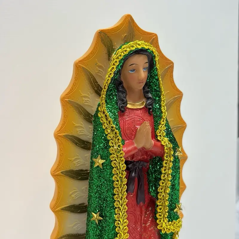 Virgen de Guadalupe 12 Inch Resin Figure with Gold Trim and Green Sparkling Fabric 5 Inch Width