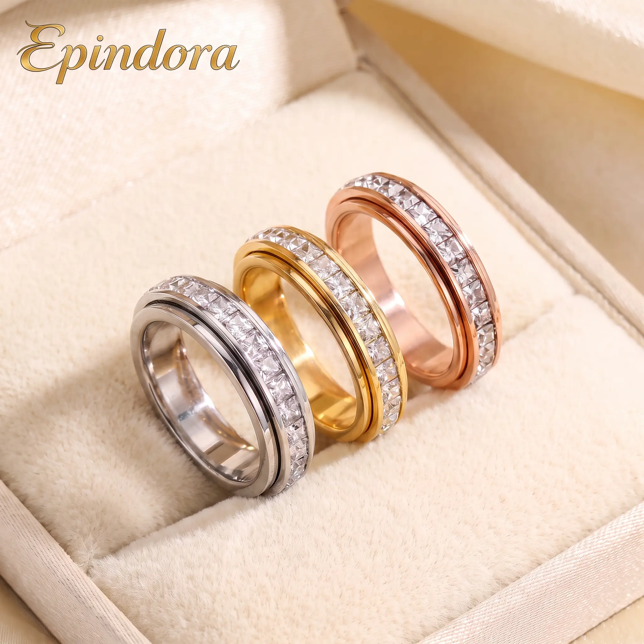 Epindora Women’s Gold-Tone Rotatable Band Star-Pattern Cubic Zirconia Anxiety-Relief Ring, Minimalist Rings for Women for Everyday Wear