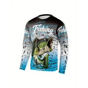 Quick-Dry, Comfortable Men's Long Sleeve Sun Protection Shirt with Ocean Graphics for Fishing & Hiking - Crew Neck