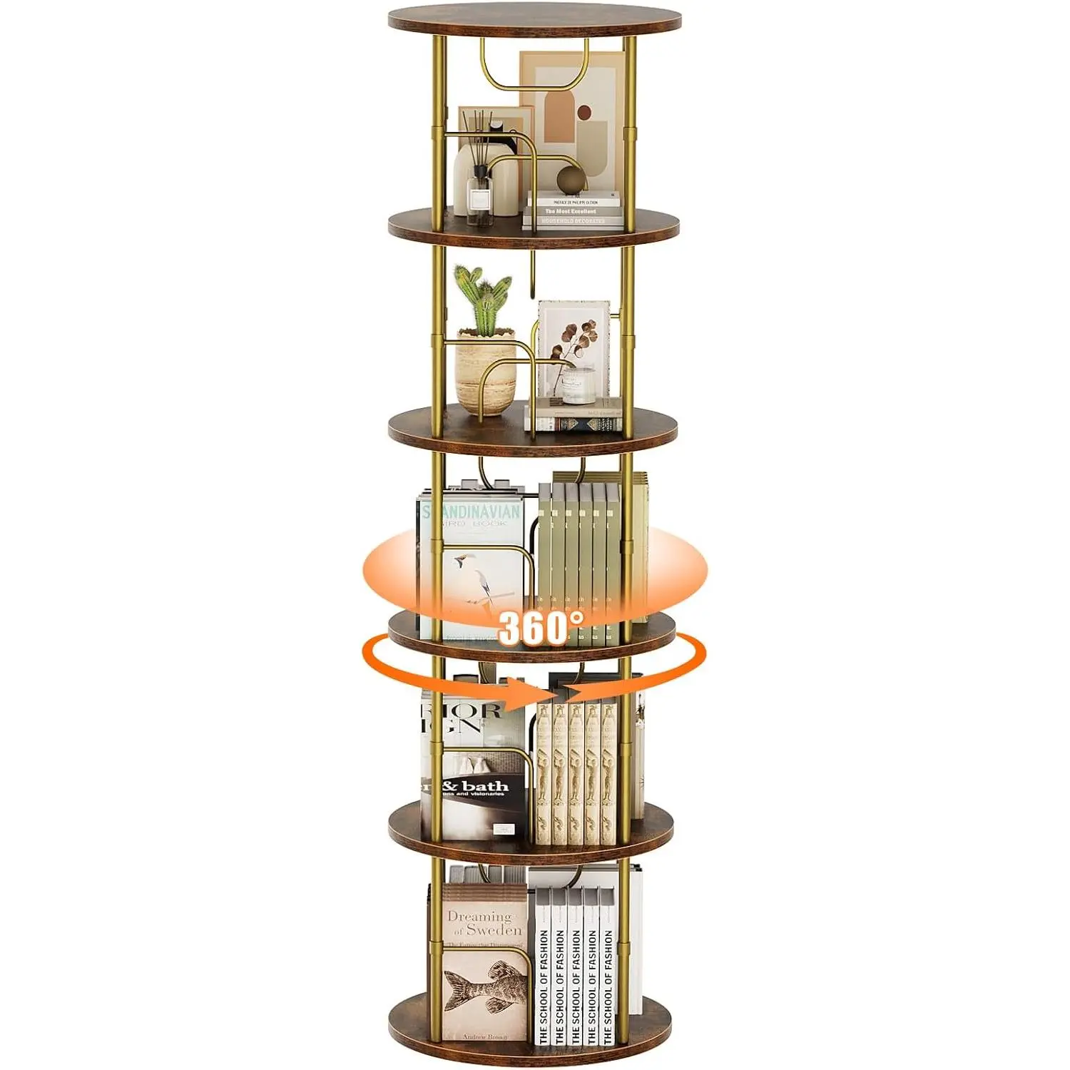 Gold 360° Rotating Bookshelf Tower - Stackable, Narrow Space-Saving Tall Floor-Standing Swivel Bookcase, Corner Storage Organizer for Bedroom, Living Room