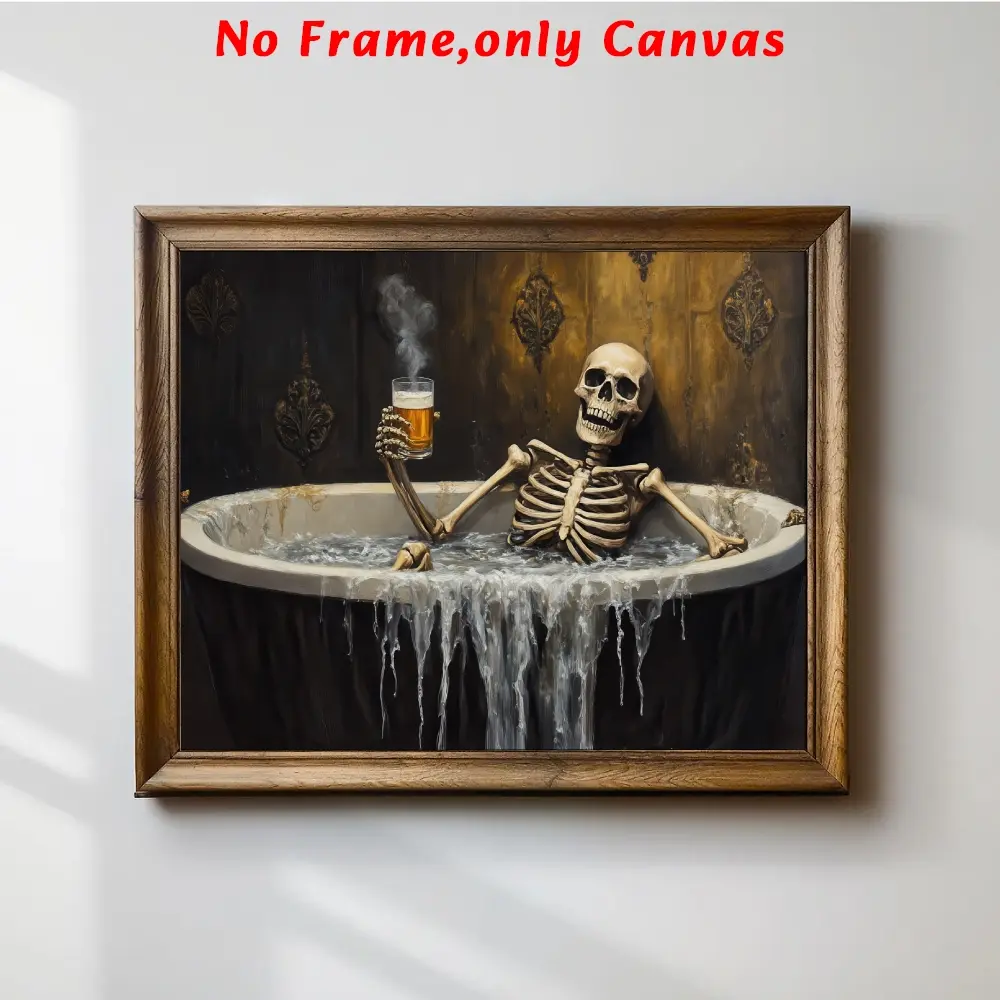 1 pc, wall art, Unframed Wall Art, vintage poster, halloween bathroom print skull print fun halloween art horror season art skull poster horror decor, living room decor, apartment decor aesthetic, frameless