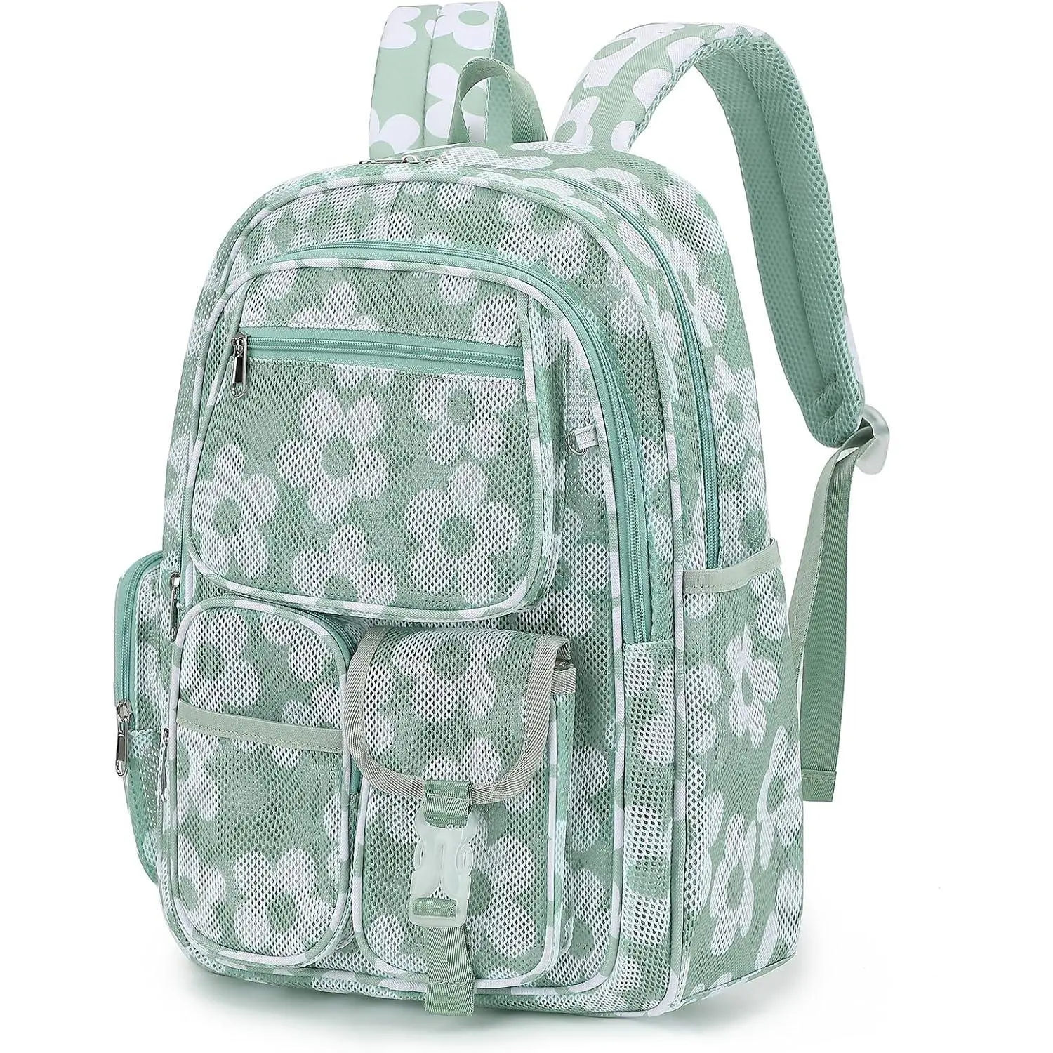 Heavy Duty Mesh Backpack with Floral Pattern, See-Through School & Travel Bag for Women, Girls & Boys, Large Capacity with Zipper Pockets - Matcha Green, Bookbag, First Day Of School, Gym Workout
