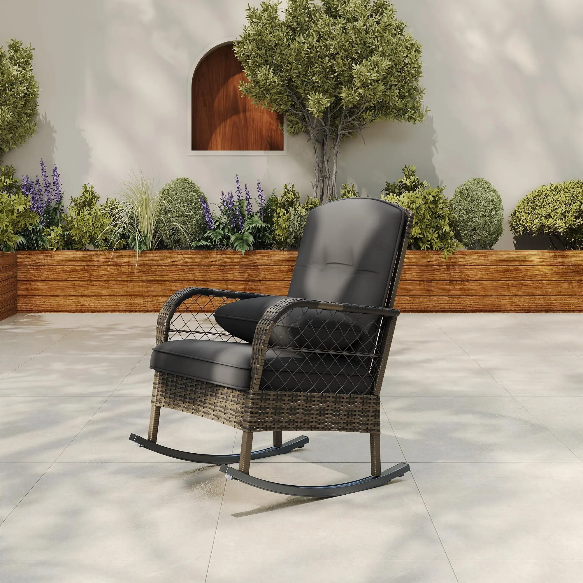 GARVEE Outdoor Wicker Rocking Chair, Patio Rattan Rocker Chair with Cushions & Steel Frame, All-Weather Rocking Lawn Wicker for Garden/Backyard,Grey