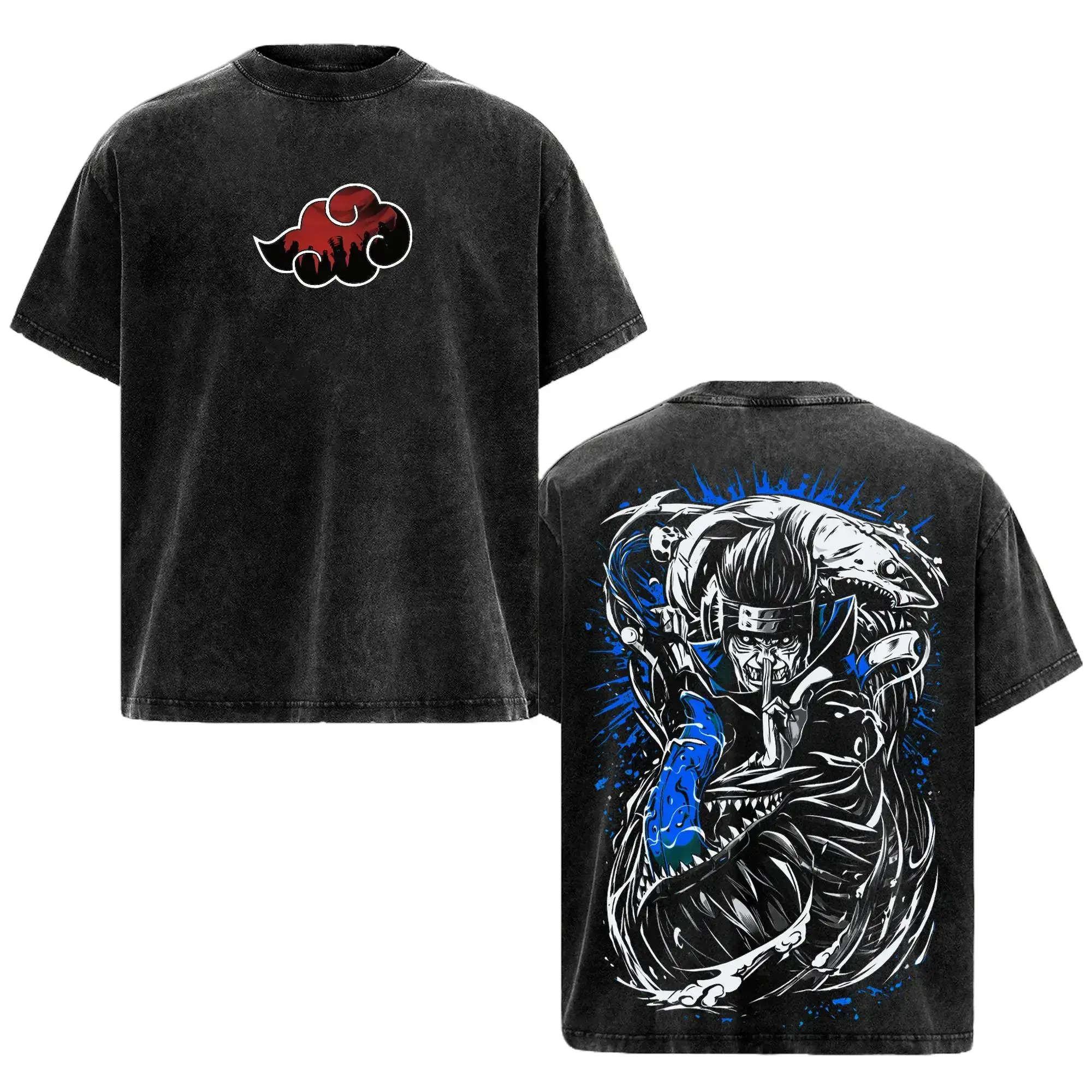 Vintage Washed Kisame Akatsuki Naruto Shirt Oversized Anime Graphic Tee Unisex Streetwear Heavyweight Cotton T-Shirt Water Style Shark Ninja Top Ultimate Manga Fan Gift Y2K Japanese Pop Culture Clothes Trendy Apparel For Men Women Everyday Wear Top