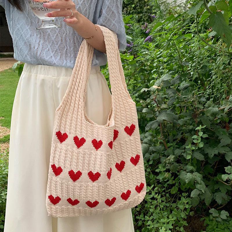 Women Love Heart Pattern Crochet Shoulder Bags, Fashionable Women's Handbags, Daily Casual Accessories, Perfect for Dating, Shopping and Traveling