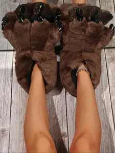 Women's Cute Cartoon Dinosaur Paw Design Slippers, Casual Soft Comfortable Fluffy Home Slippers, Warm Slippers for Indoor & Outdoor Use for Fall & Winter