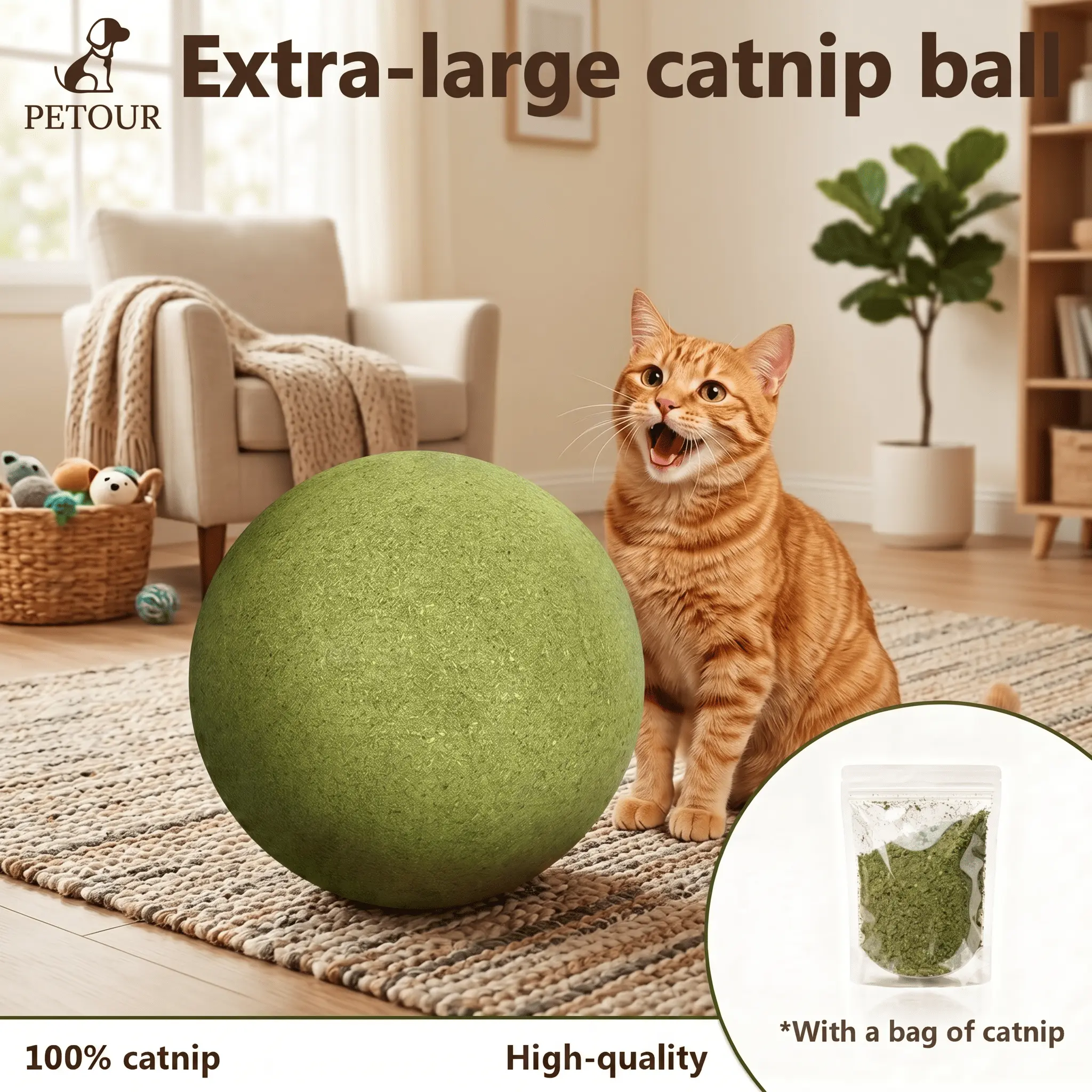 Petour Extra-large Natural Catnip Ball, 10cm, Safe & Edible, Improve Oral Health & Regulate Intestinal Health for Cats to Chew and Play, A Fun Toy for Cats, Great Cat Toys and Cat Stuff For Indoor Cats, Valentines Gift for Cats