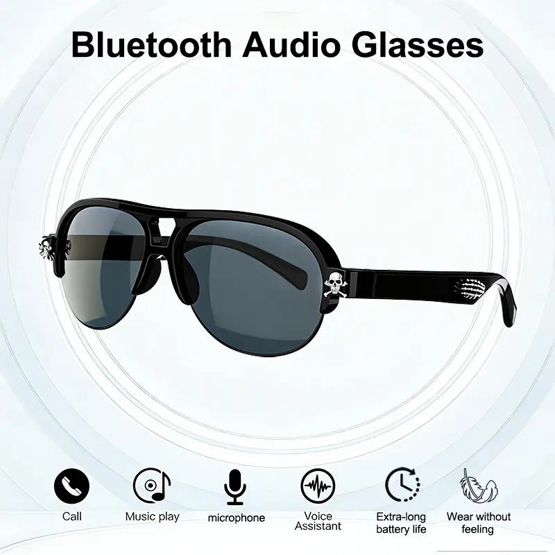 F08MAX Modern Smart Glasses - Unisex Open-Ear Bluetooth Sunglasses with Skull Temple Accent, Hands-Free Calling, HD Stereo Sound, Batteries, Cells, Wearable Smart Glasses Tech Gift for Adults