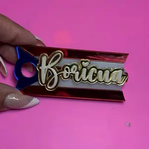 Boricua Stanley Tumbler Tag - Gold Lettering, Red & Blue Design, Ideal for Personalization