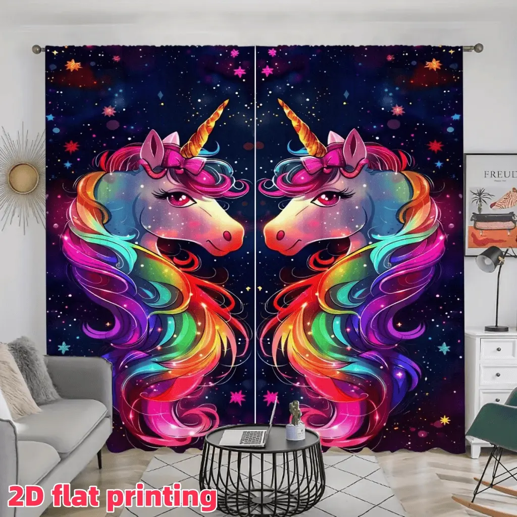 2D Flat 2Pcs Rainbow Unicorn Galaxy Star Curtain Panels, Pole Pocket Style, Semi Sunshade, for Living Room Bedroom Window Decor, Aesthetic Home, Anti-Privacy.