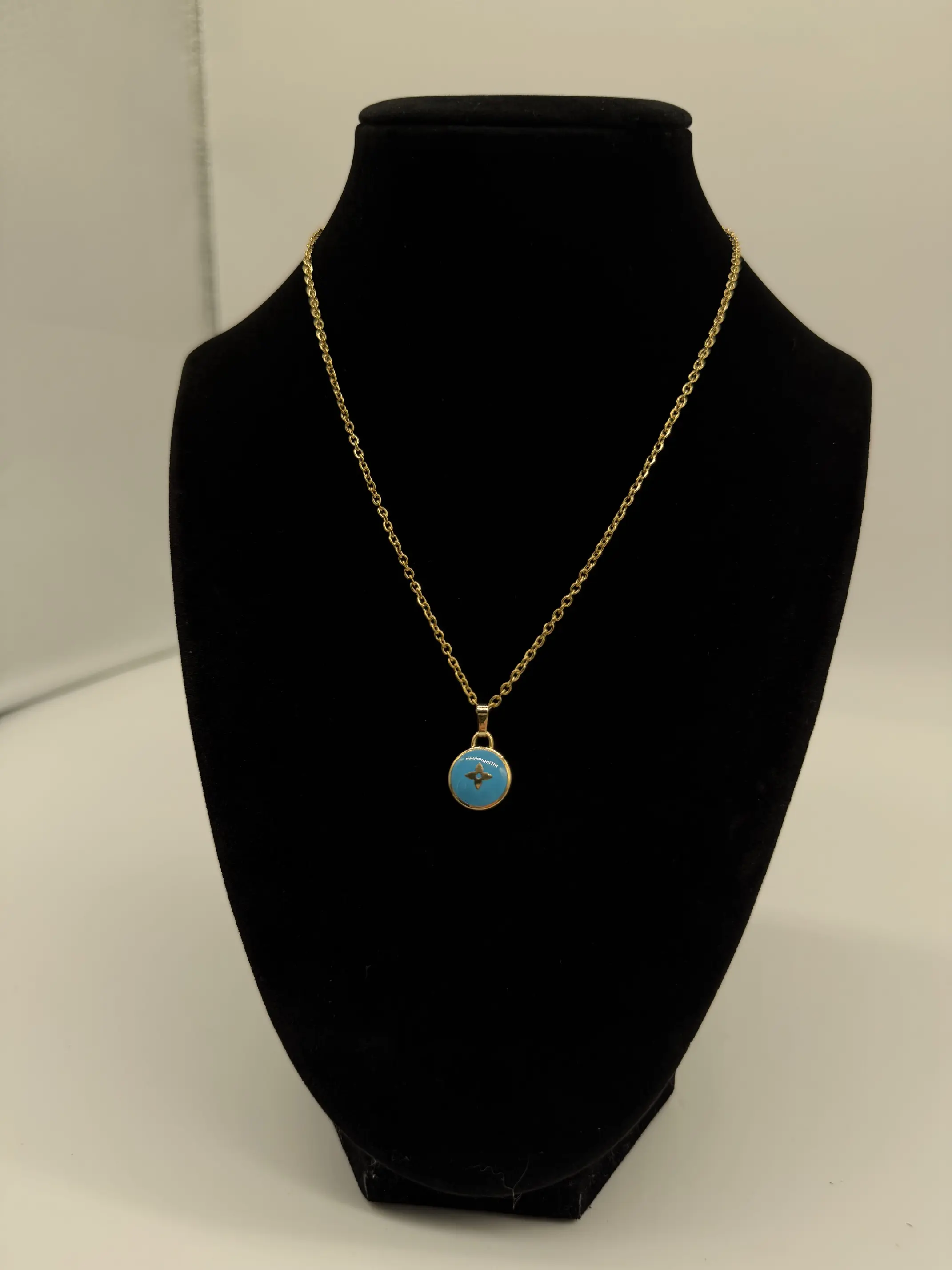 Pre-owned Louis Vuitton Resin Bag Accessories Up Cycled/Handmade LV Turquoise Floret on Stainless Steel Necklace