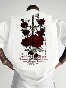 Men's Summer Rose Sword Floral Print Classic Casual Streetwear Round Neck Short Sleeve T-Shirt, Breathable Comfort Sports Top, Outdoor Wear, Fitted Style