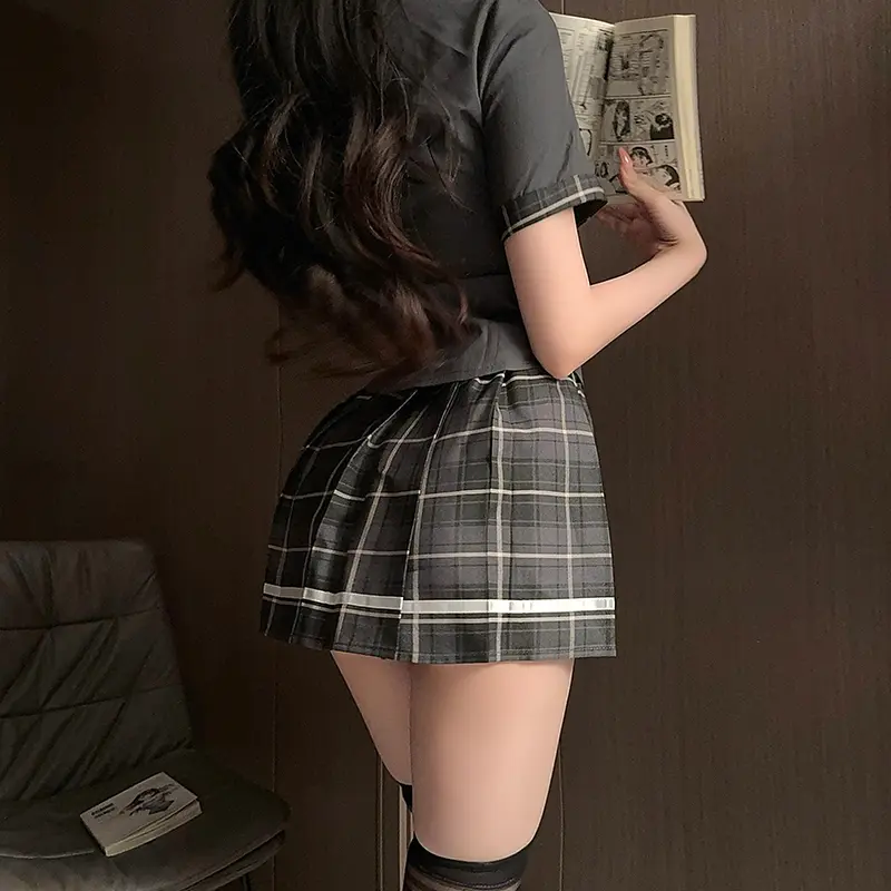 Sexy Student Outfit Cos Uniform - 5-Piece Set with Lace and Playful Plaid, Bold Lace & Sexy Student Outfit Cos Uniform - 5-Piece Set with Lace and Playful Plaid, Bold Lace &
